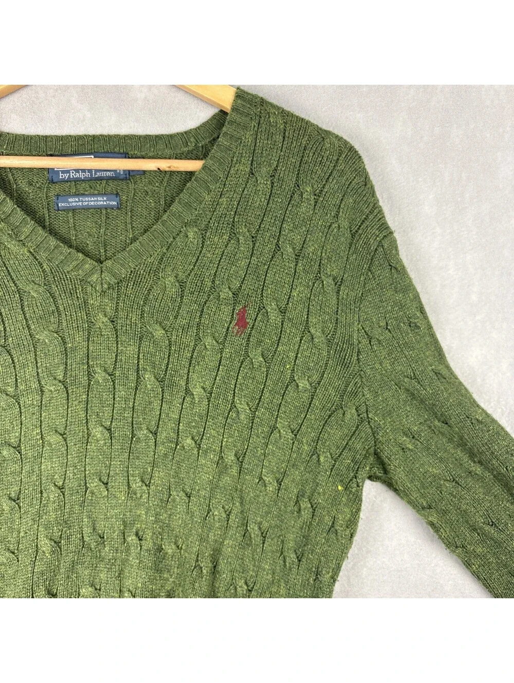 Vintage Polo Ralph Lauren Cable Knit Sweater Men’s Green Tussah Silk V Neck
